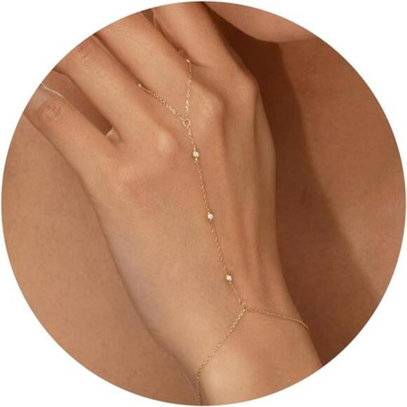Gold hand chain bracelet ring slave cuff dainty 14k gold plated cubic zircon jew - Picture 1 of 7